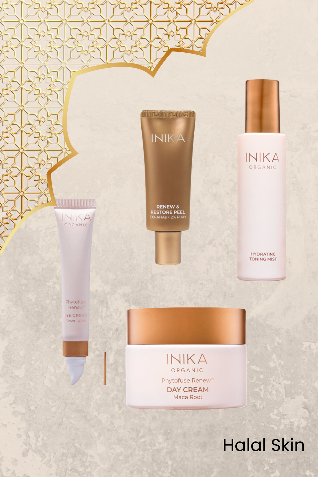 Inika Organic halal skincare essentials: Hydrating Toning Mist, Renew & Restore Peel, Day Cream Maca Root, and Phytofuse Renew Eye Cream. Shop now for a pure, natural beauty routine. 🌿✨ #HalalSkin #NaturalBeauty